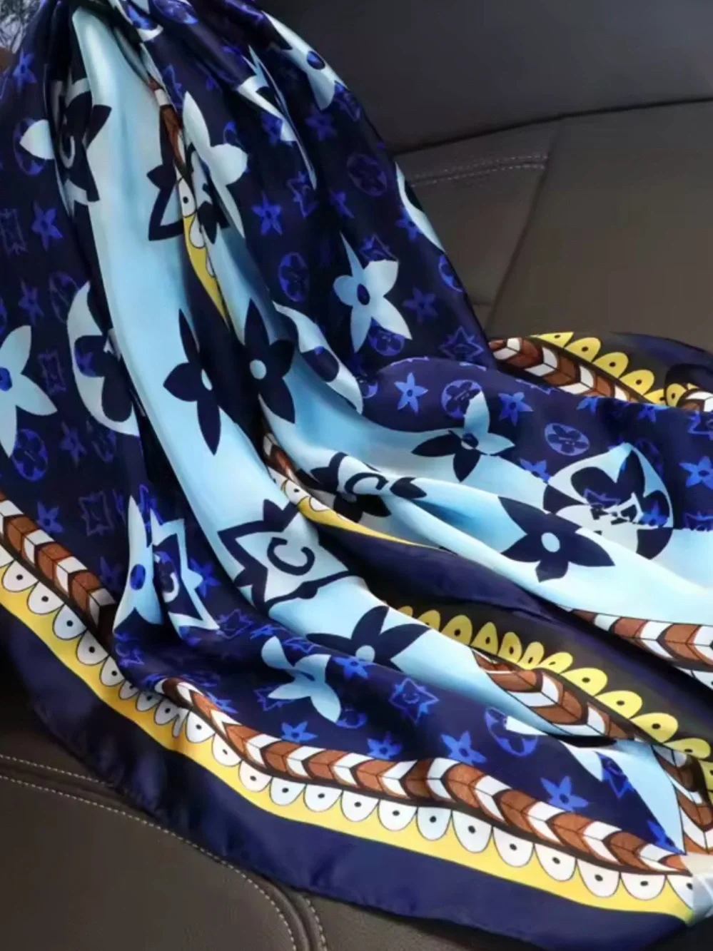 Luxury-Inspired Blue Floral Silk Scarf - Women's Accessory